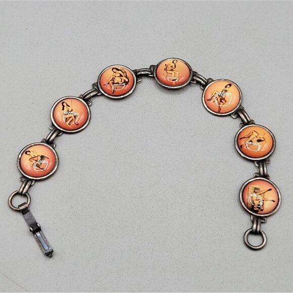 1950s Vintage Naughty Pin-Up Girl Link Bracelet Orange Convex Glass Disks - Picture 2 of 7